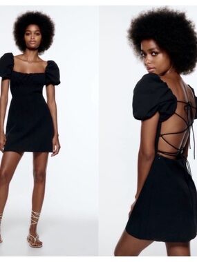 Zara Black Puff-Sleeve Mini Dress with Lace-Up Open Back